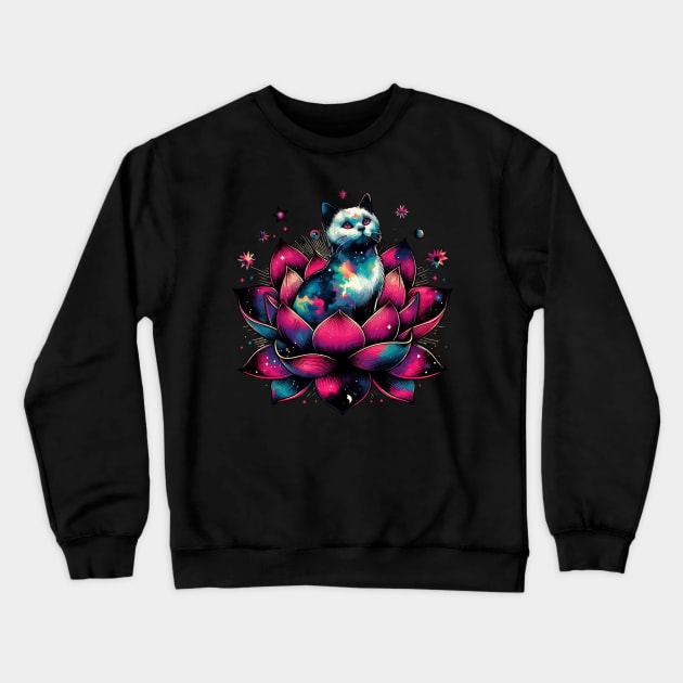 Colorful Abstract Cosmic Cat in Lotus Flower Crewneck Sweatshirt by TomFrontierArt